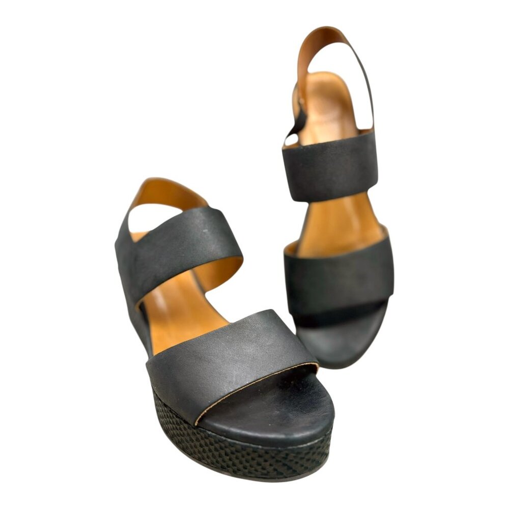 Coclico Leonora‎ Black Leather Platform Wedge Sandals